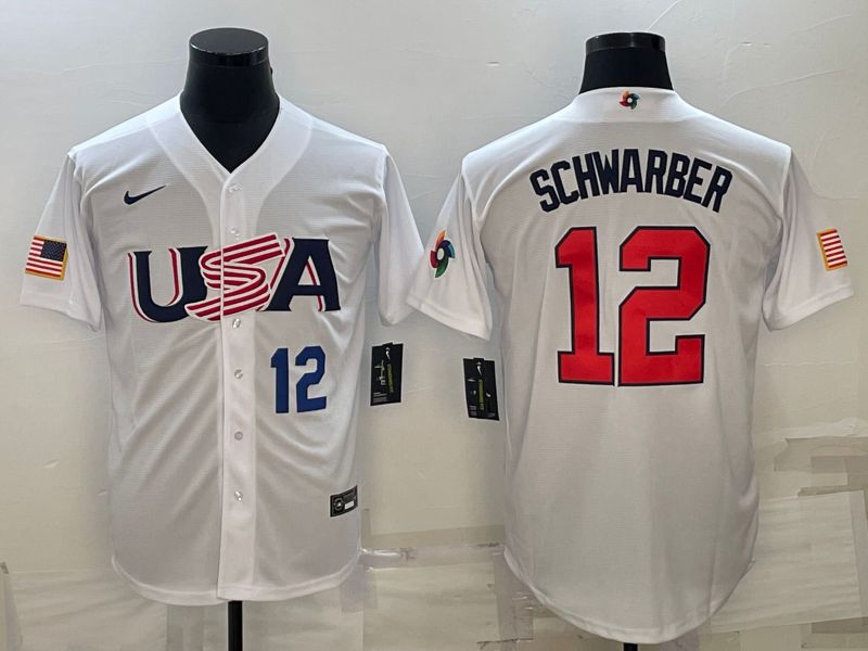 Men 2023 World Cub USA 12 Schwarber White Nike MLB Jersey1